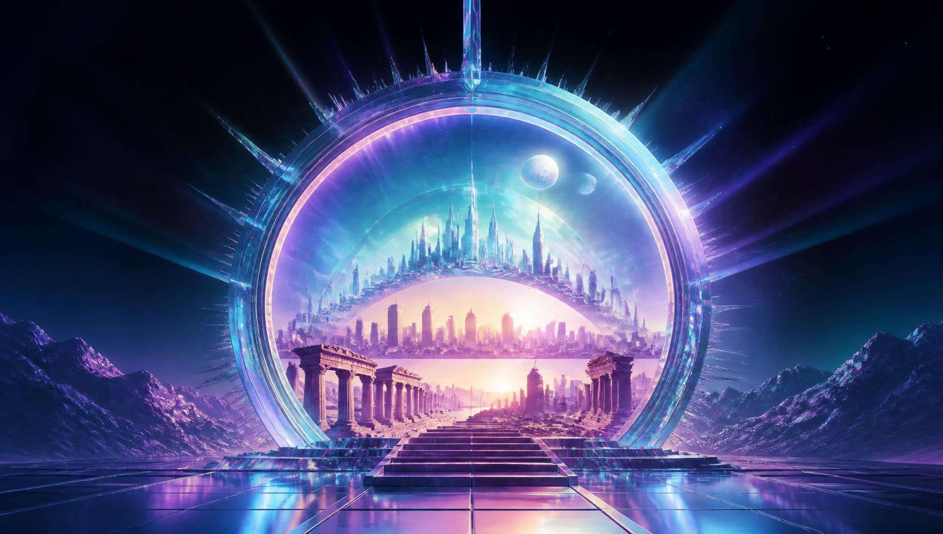 A retro-futuristic time portal opening across historical and future cityscapes